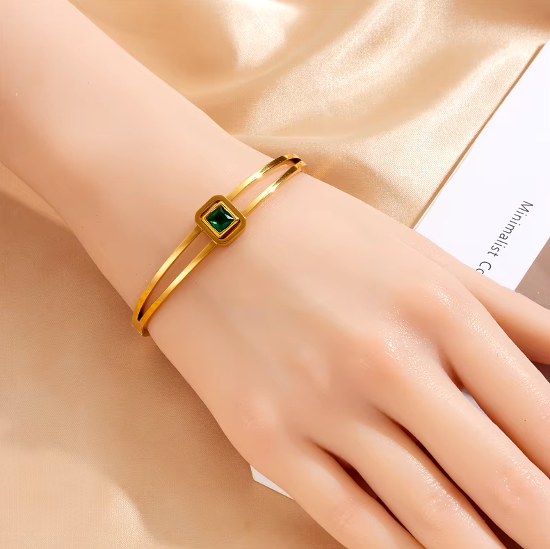 Браслеты DIEYURO из нержавеющей стали 316L с геометрическими линиями и зеленым цирконием, браслеты для женщин