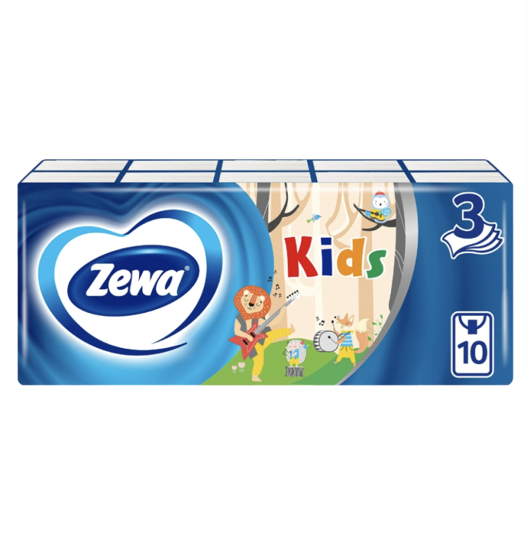 Платочки бумажные детские ZEWA Kids носовые, 3-слоя, 10x10шт
