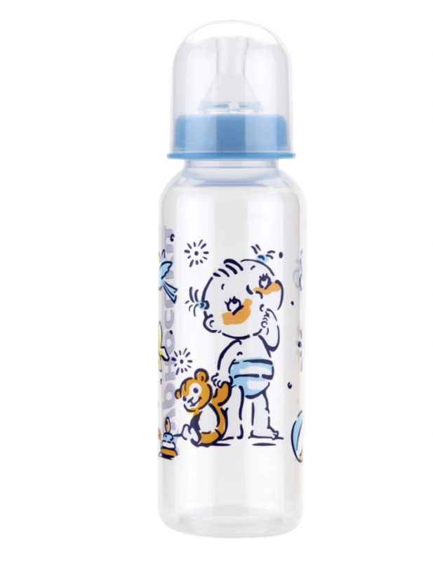 Бутылочка для кормления КУРНОСИКИ 250мл, цветная с силиконовой молочной соской, с 0 месяцев