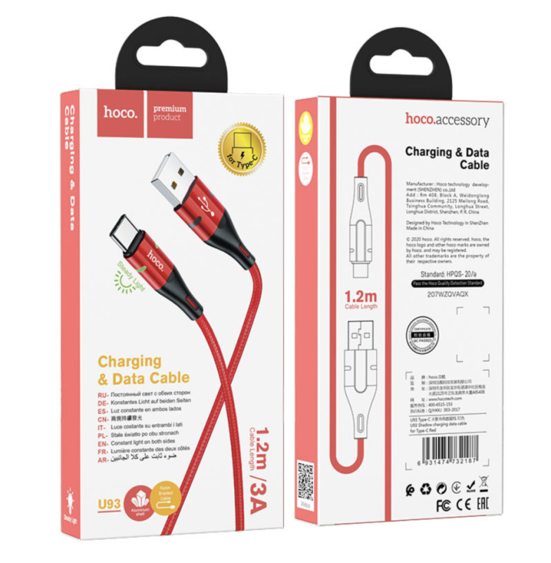 Кабель U93 USB Type-C светящийся 1M HOCO красный
