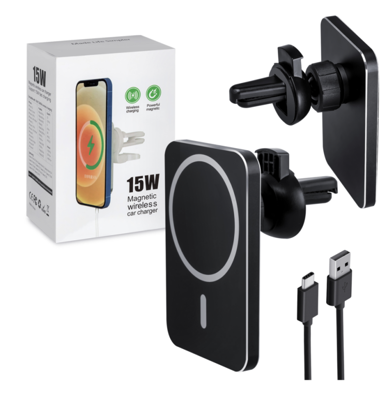 Беспроводная зарядка 15W + Автомобильный держатель магнитный черный