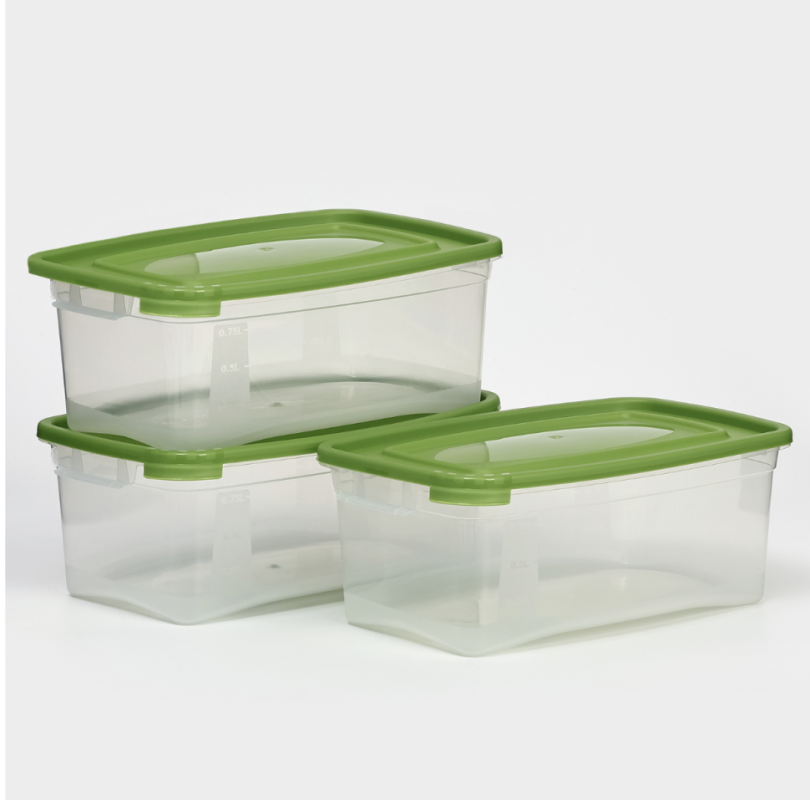 Набор контейнеров пищевых Доляна, 3 шт: 1 л, 18,5x12x7 см, прямоугольные, прозрачные, крышка зелёная