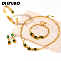 DIEYURO 316L нержавеющая сталь геометрический зеленый кристалл ожерелье браслет серьги для женщин (полный комплект)