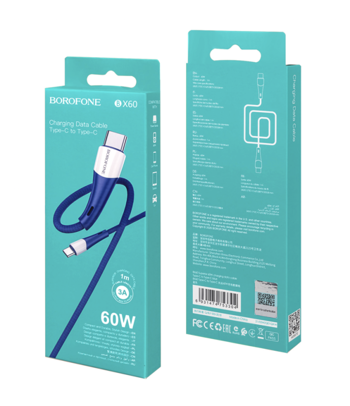 Кабель BX60 Type-C на Type-C 1M 60W