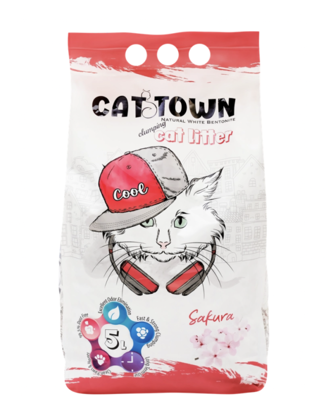 Наполнитель для кошачьего туалета CAT TOWN комкующийся с ароматом сакуры, 5л